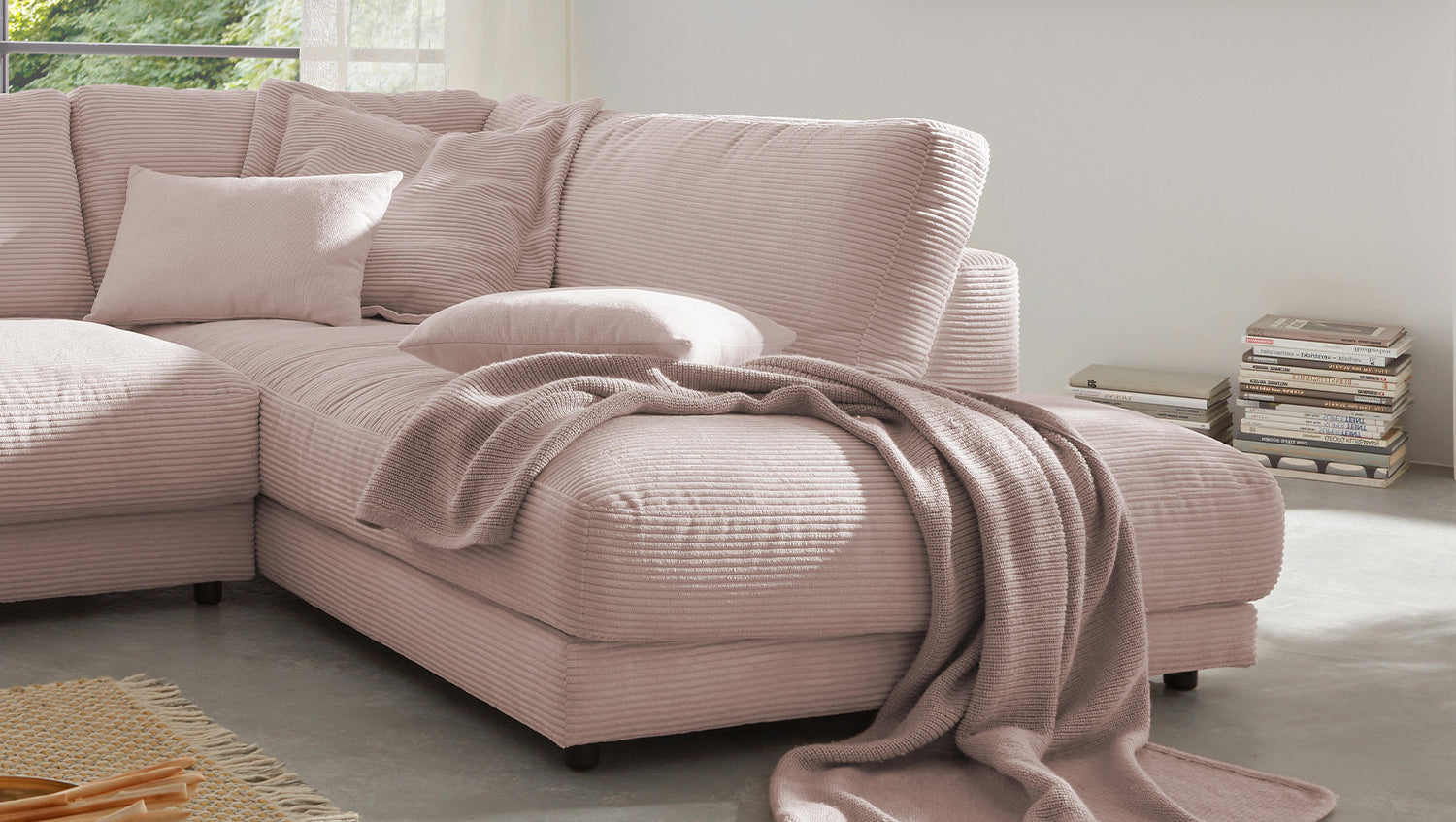 KAWOLA Sofa MADELINE Ecksofa mit Recamiere Cord rosa