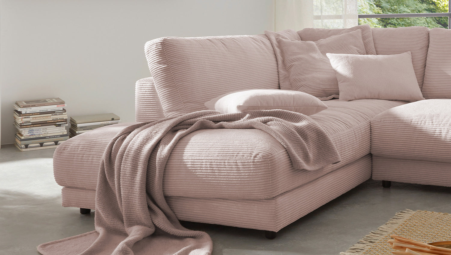 KAWOLA Sofa MADELINE Ecksofa mit Recamiere Cord rosa