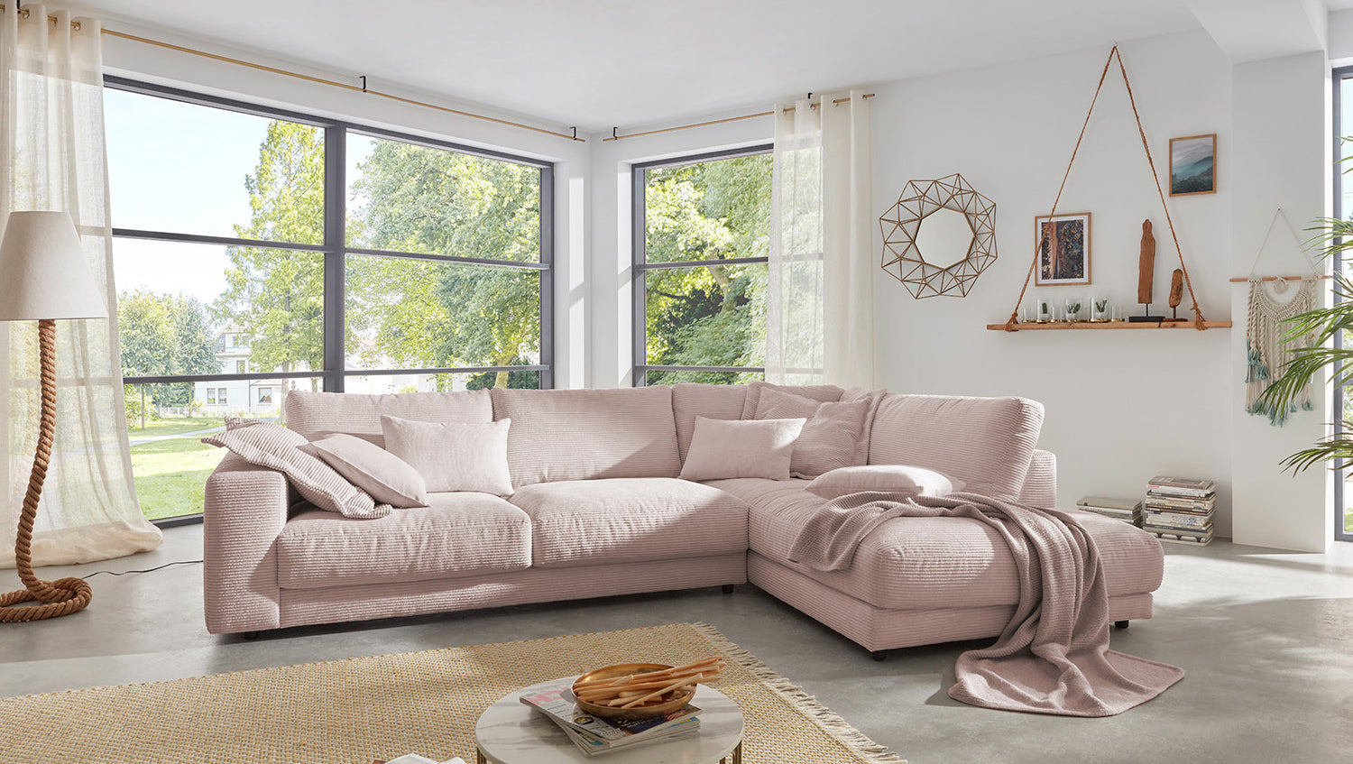 KAWOLA Sofa MADELINE Ecksofa mit Recamiere Cord rosa, Rechts