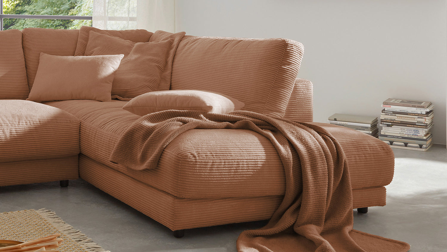 KAWOLA Sofa MADELINE Ecksofa mit Recamiere Cord rost