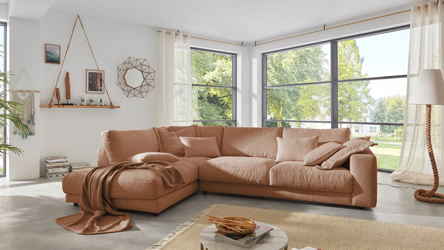 KAWOLA Sofa MADELINE Ecksofa mit Recamiere Cord rost, Links