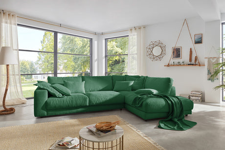 KAWOLA Sofa MADELINE Ecksofa mit Recamiere Cord smaragd, Rechts