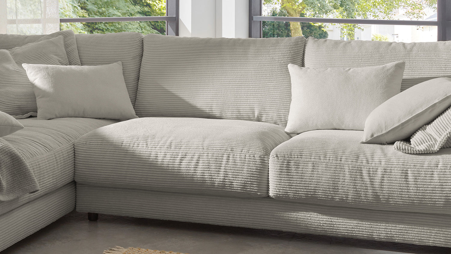 KAWOLA Sofa MADELINE Ecksofa mit Recamiere Cord steingrau