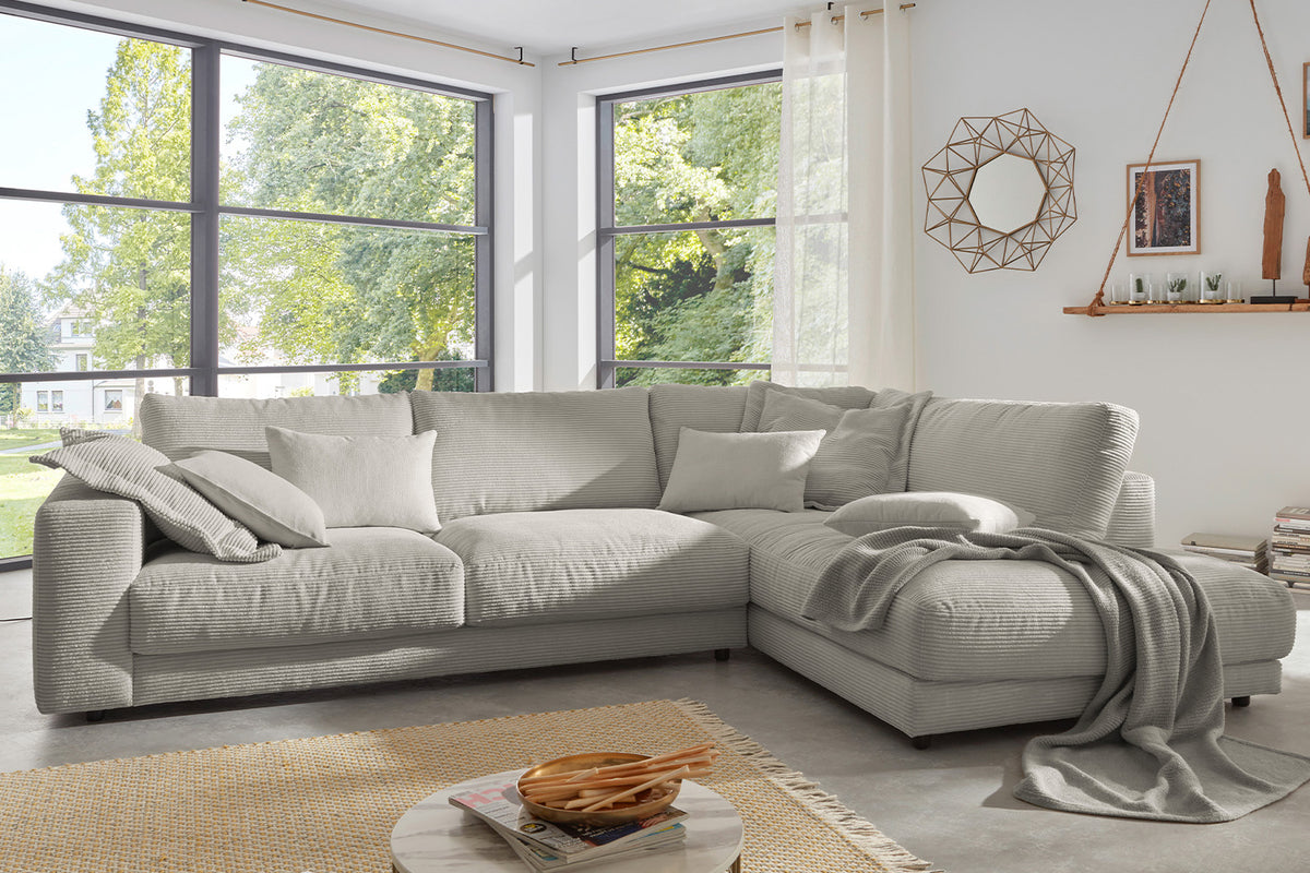 KAWOLA Sofa MADELINE Ecksofa mit Recamiere Cord steingrau