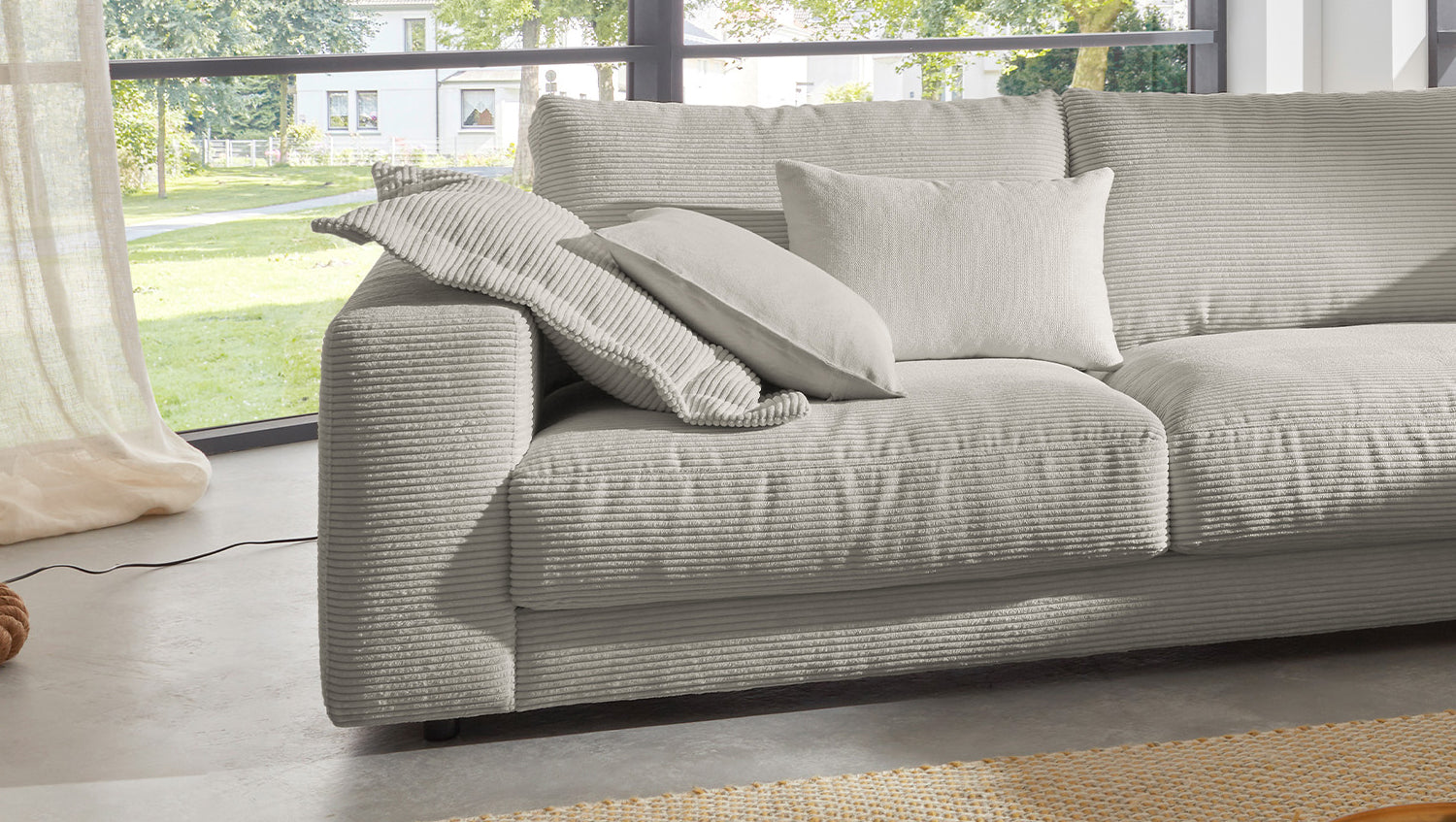 KAWOLA Sofa MADELINE Ecksofa mit Recamiere Cord steingrau