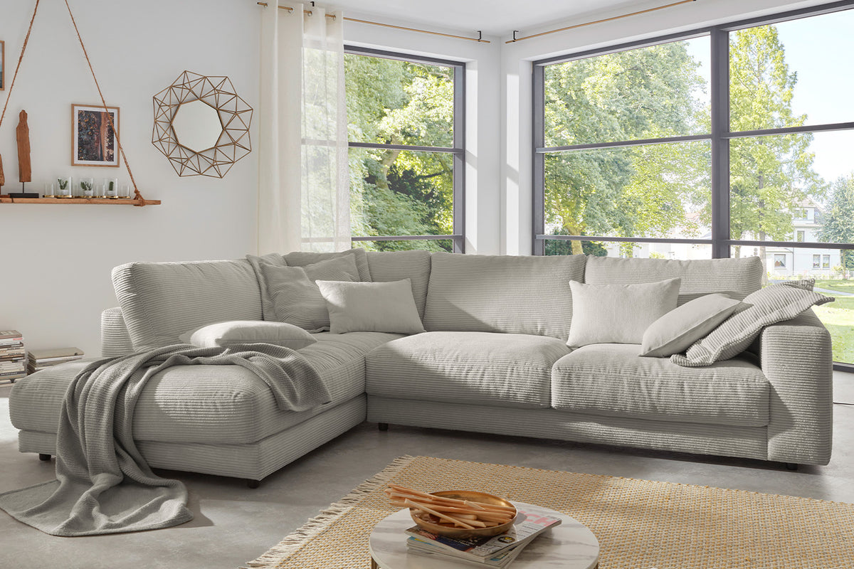 KAWOLA Sofa MADELINE Ecksofa mit Recamiere Cord steingrau