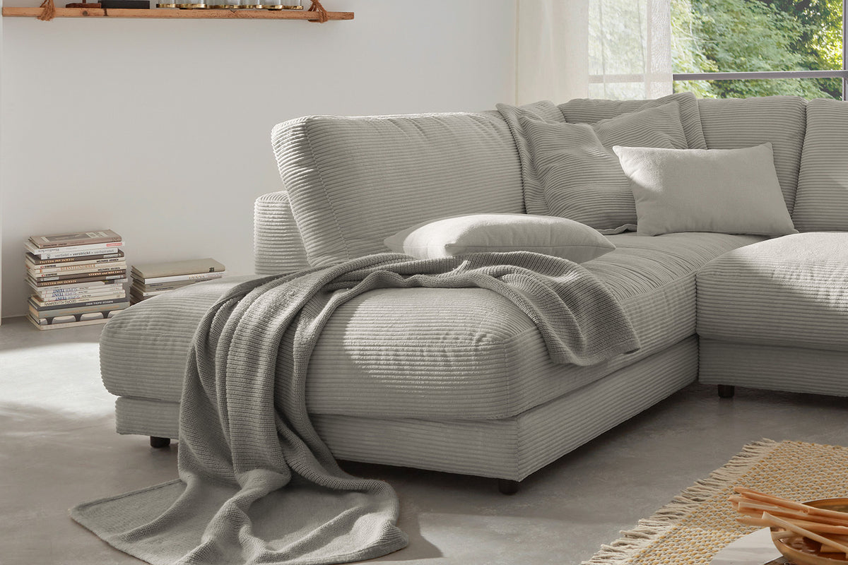 KAWOLA Sofa MADELINE Ecksofa mit Recamiere Cord steingrau