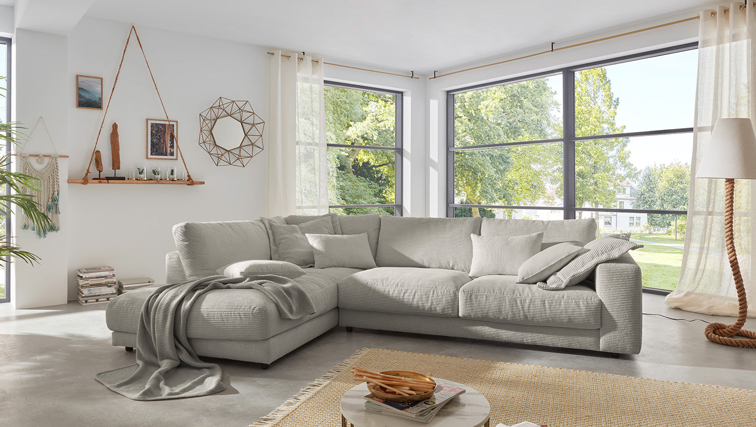 KAWOLA Sofa MADELINE Ecksofa mit Recamiere Cord steingrau, Links