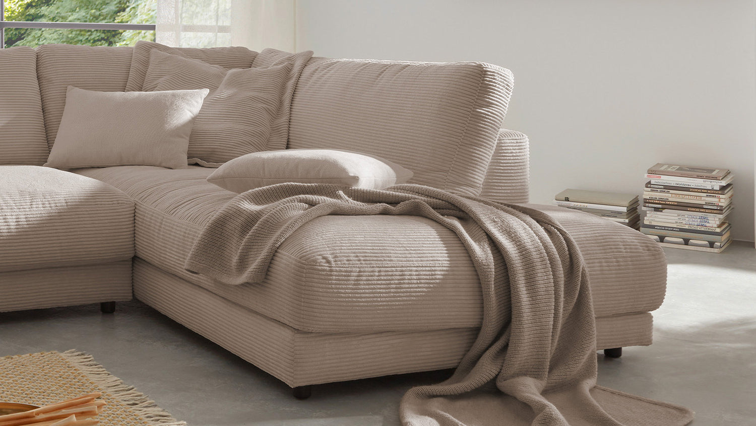 KAWOLA Sofa MADELINE Ecksofa mit Recamiere Cord taupe