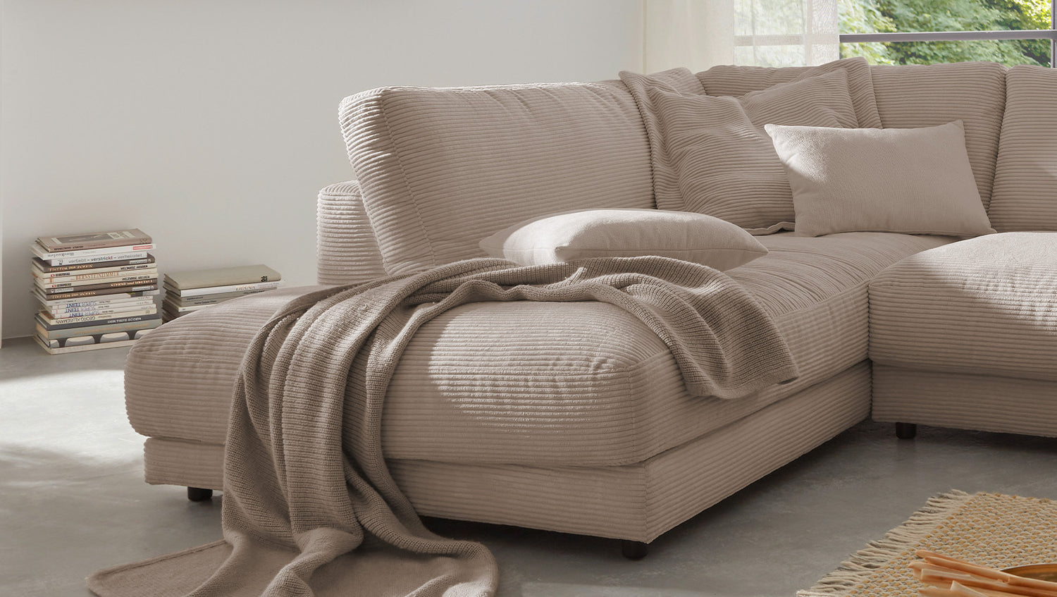 KAWOLA Sofa MADELINE Ecksofa mit Recamiere Cord taupe