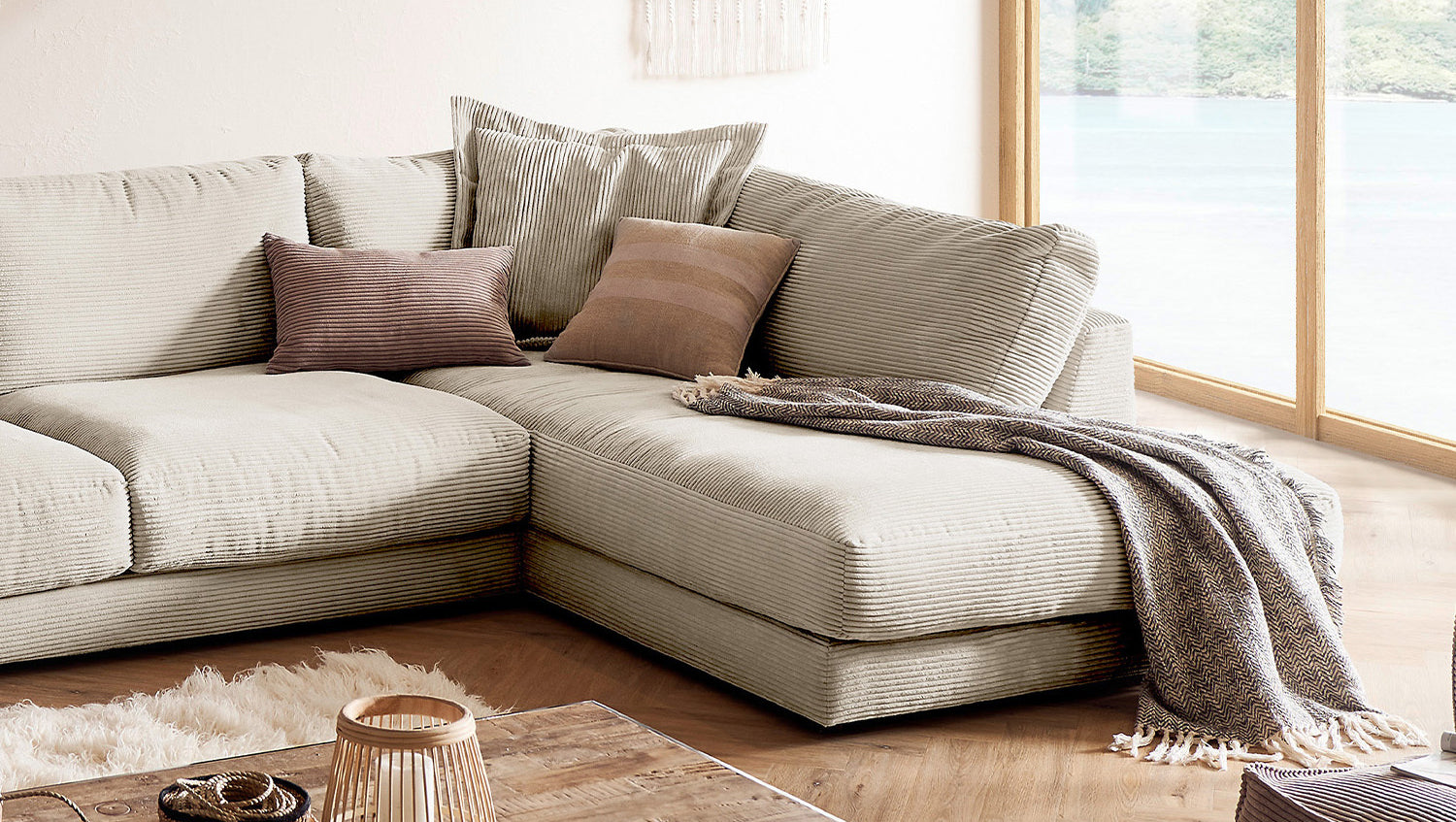 KAWOLA Sofa MADELINE Wohnlandschaft U-Form Cord cremeweiß