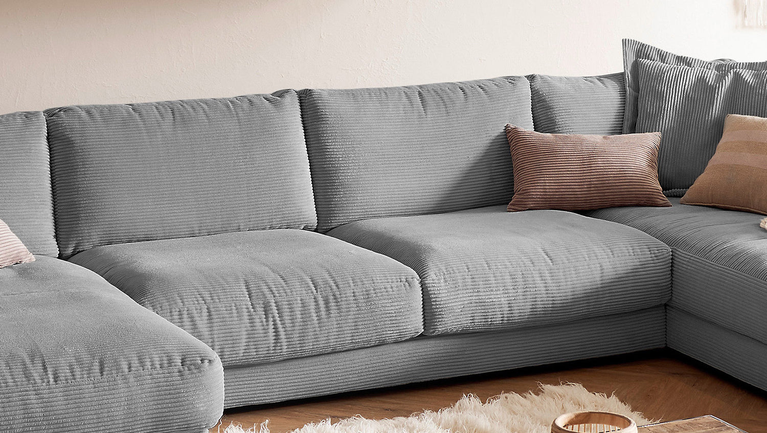 KAWOLA Sofa MADELINE Wohnlandschaft U-Form Cord grau