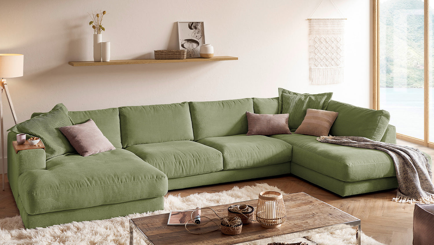 KAWOLA Sofa MADELINE Wohnlandschaft U-Form Cord olivgrün