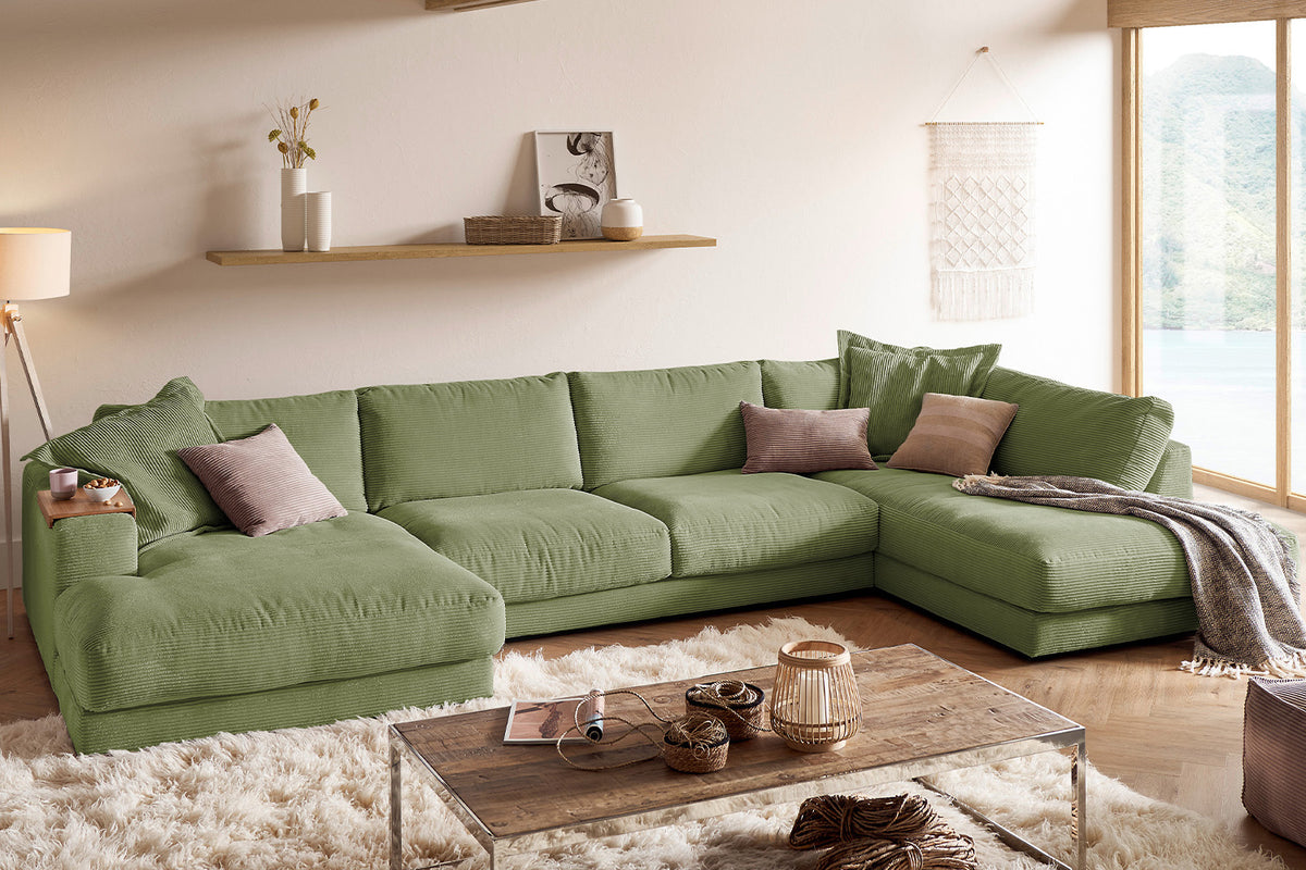 KAWOLA Sofa MADELINE Wohnlandschaft U-Form Cord olivgrün
