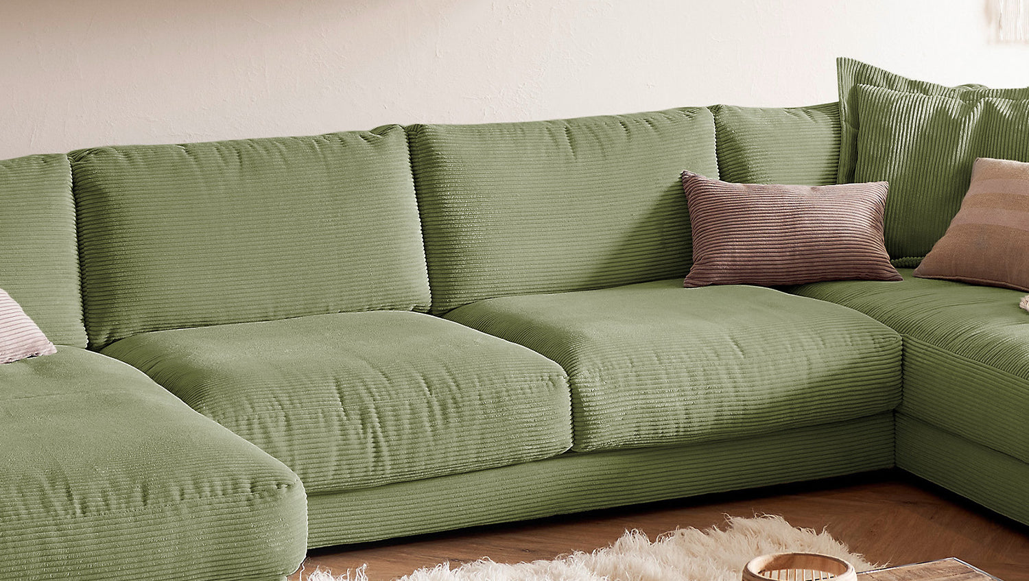 KAWOLA Sofa MADELINE Wohnlandschaft U-Form Cord olivgrün