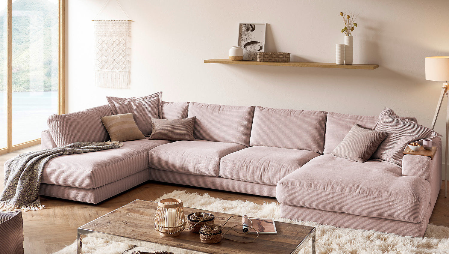 KAWOLA Sofa MADELINE Wohnlandschaft U-Form Cord rosa