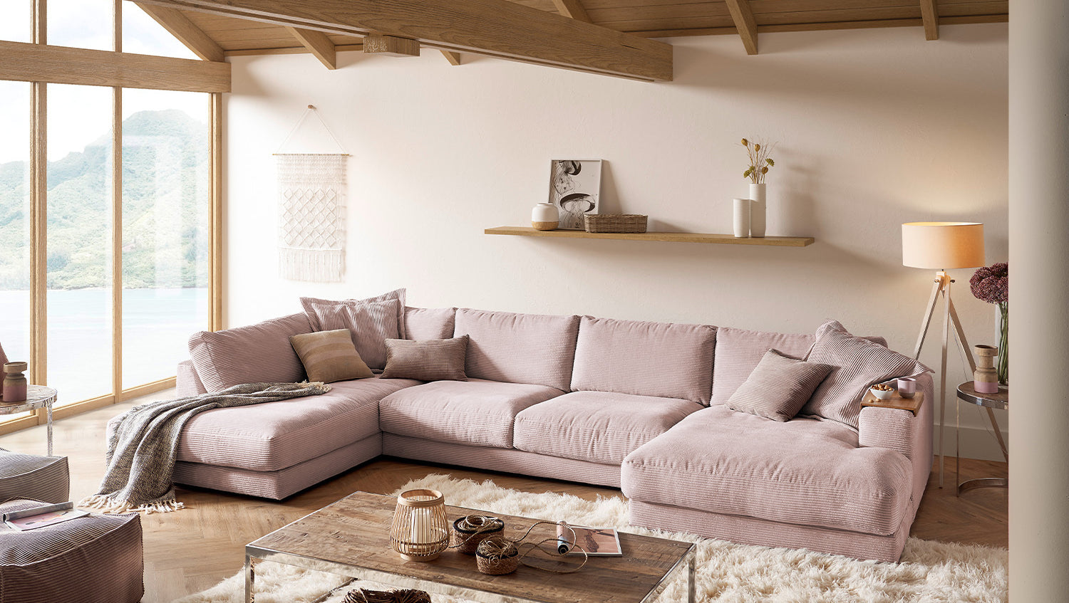KAWOLA Sofa MADELINE Wohnlandschaft U-Form Cord rosa, Rechts
