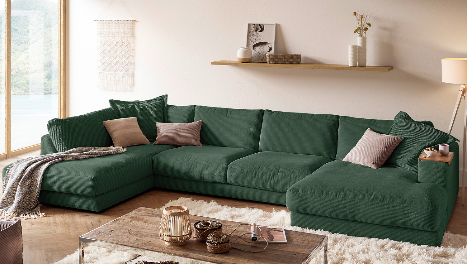 KAWOLA Sofa MADELINE Wohnlandschaft U-Form Cord smaragd