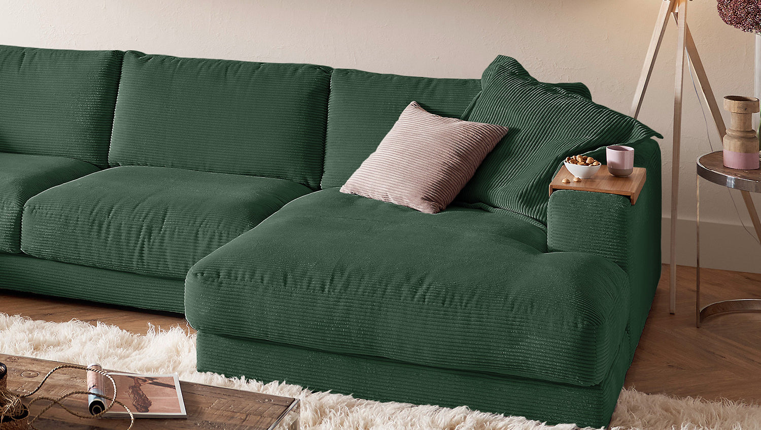 KAWOLA Sofa MADELINE Wohnlandschaft U-Form Cord smaragd