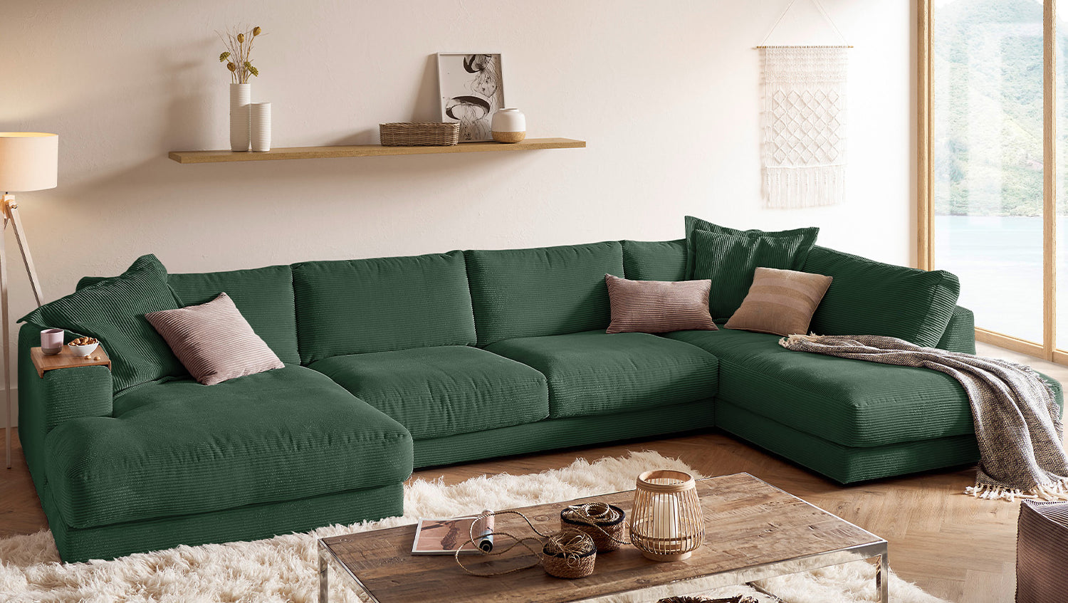 KAWOLA Sofa MADELINE Wohnlandschaft U-Form Cord smaragd