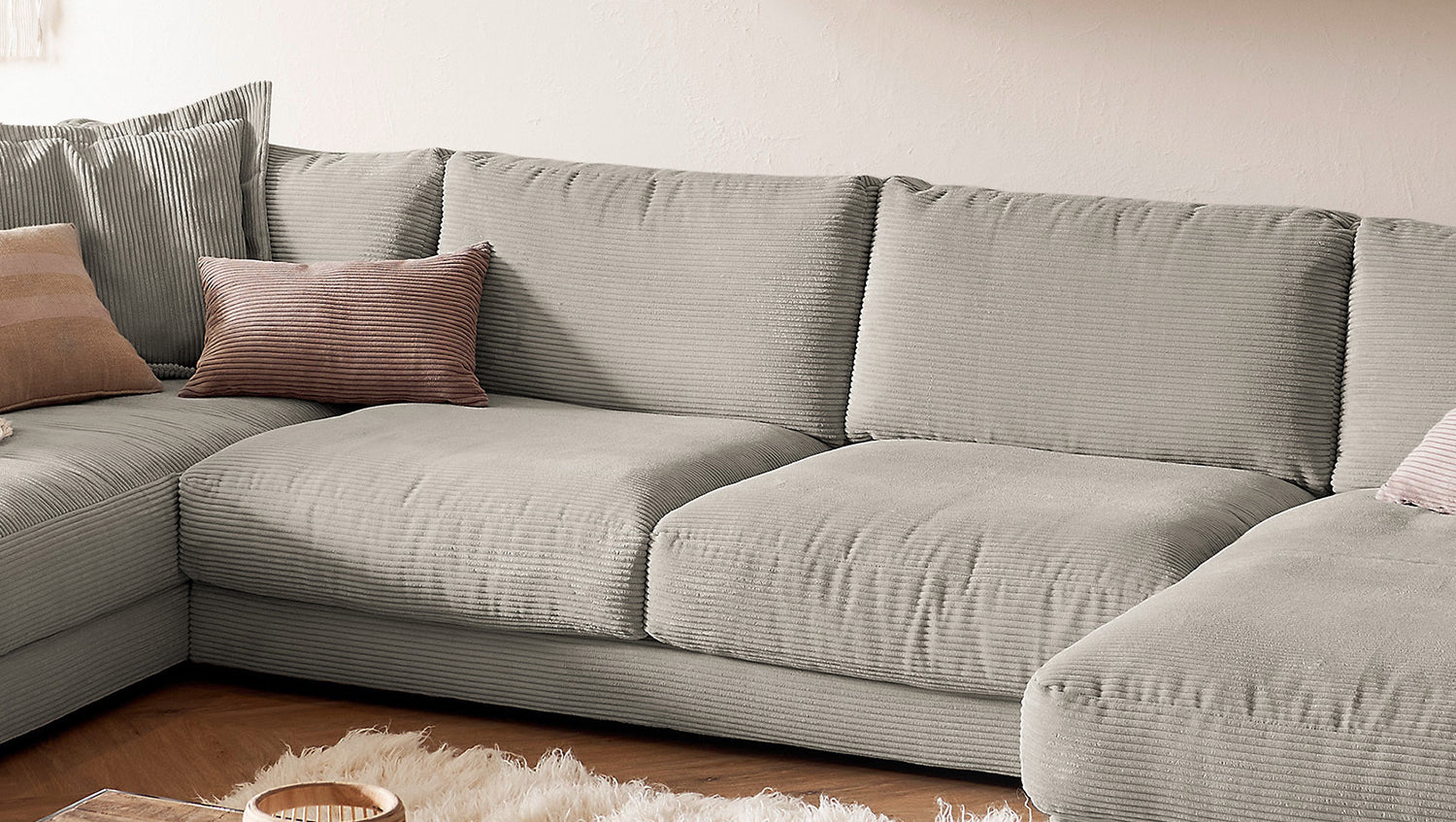 KAWOLA Sofa MADELINE Wohnlandschaft U-Form Cord steingrau