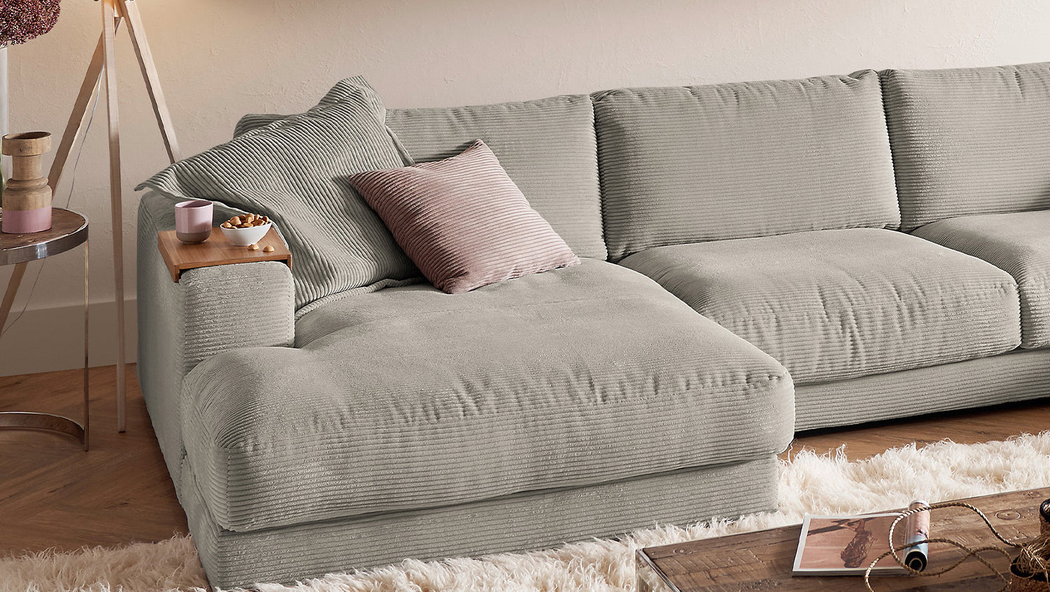 KAWOLA Sofa MADELINE Wohnlandschaft U-Form Cord steingrau