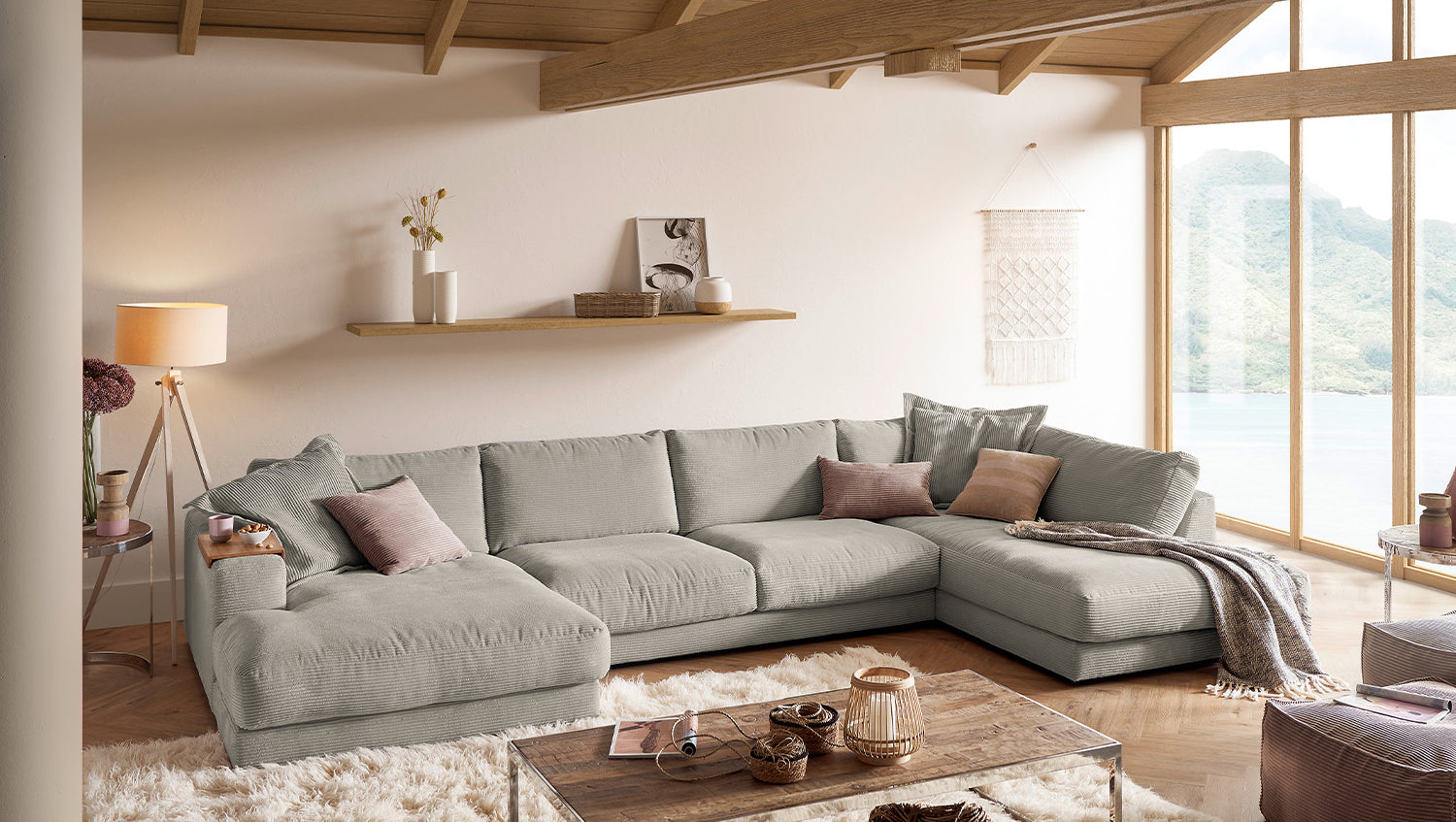 KAWOLA Sofa MADELINE Wohnlandschaft U-Form Cord steingrau, Links