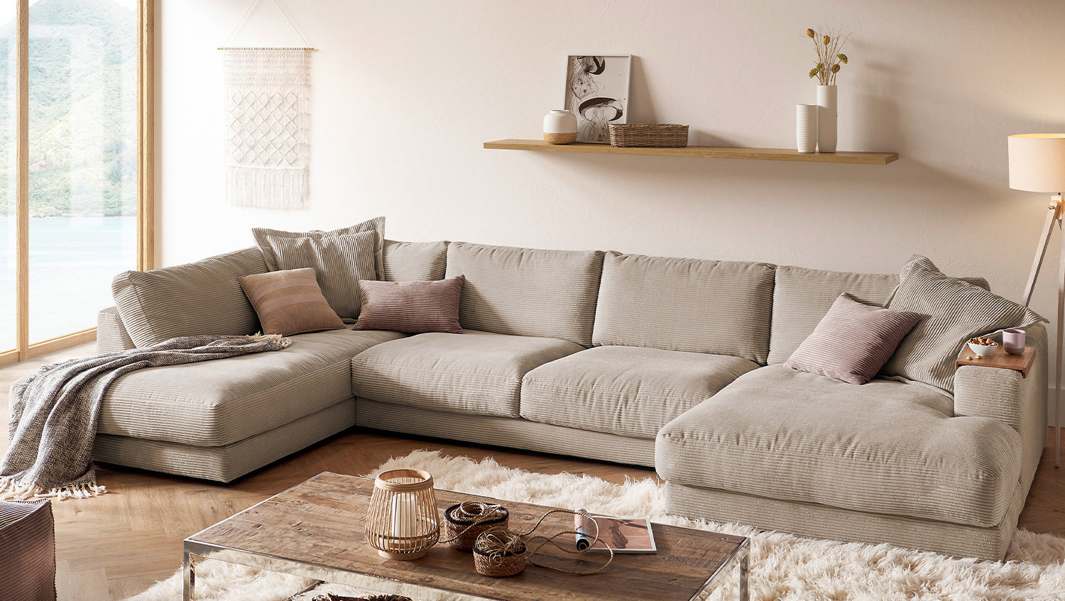 KAWOLA Sofa MADELINE Wohnlandschaft U-Form Cord taupe