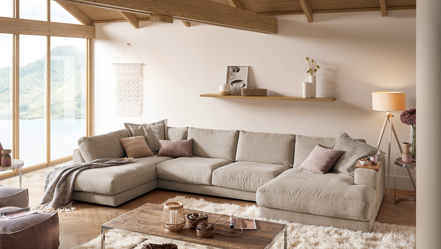 KAWOLA Sofa MADELINE Wohnlandschaft U-Form Cord taupe, Rechts