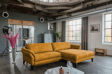 KAWOLA Sofa MALTA Ecksofa Stoff gold, Rechts, Mit Kopfstütze, Relaxfunktion