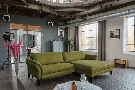 KAWOLA Sofa MALTA Ecksofa Stoff moosgrün, Rechts, Mit Kopfstütze, Relaxfunktion