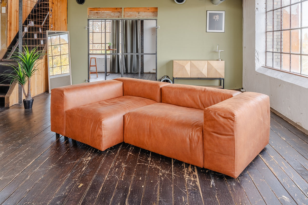 KAWOLA Sofa MIA Modulares Sofa 6-tlg. Lederfaserstoff cognac
