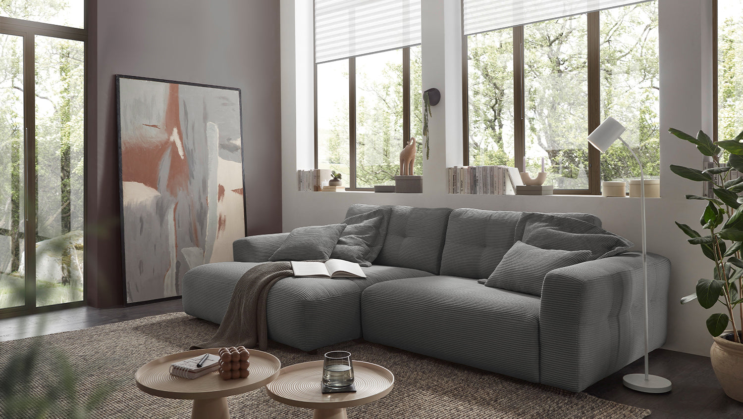 KAWOLA Sofa MIKA Ecksofa Cord grau, 296 x 167, Links