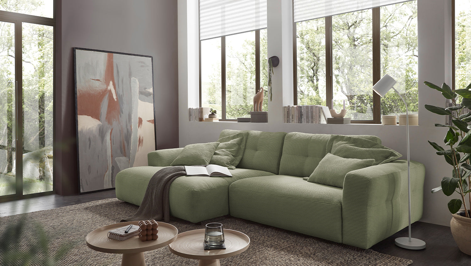 KAWOLA Sofa MIKA Ecksofa Cord olivgrün, 296 x 167, Links