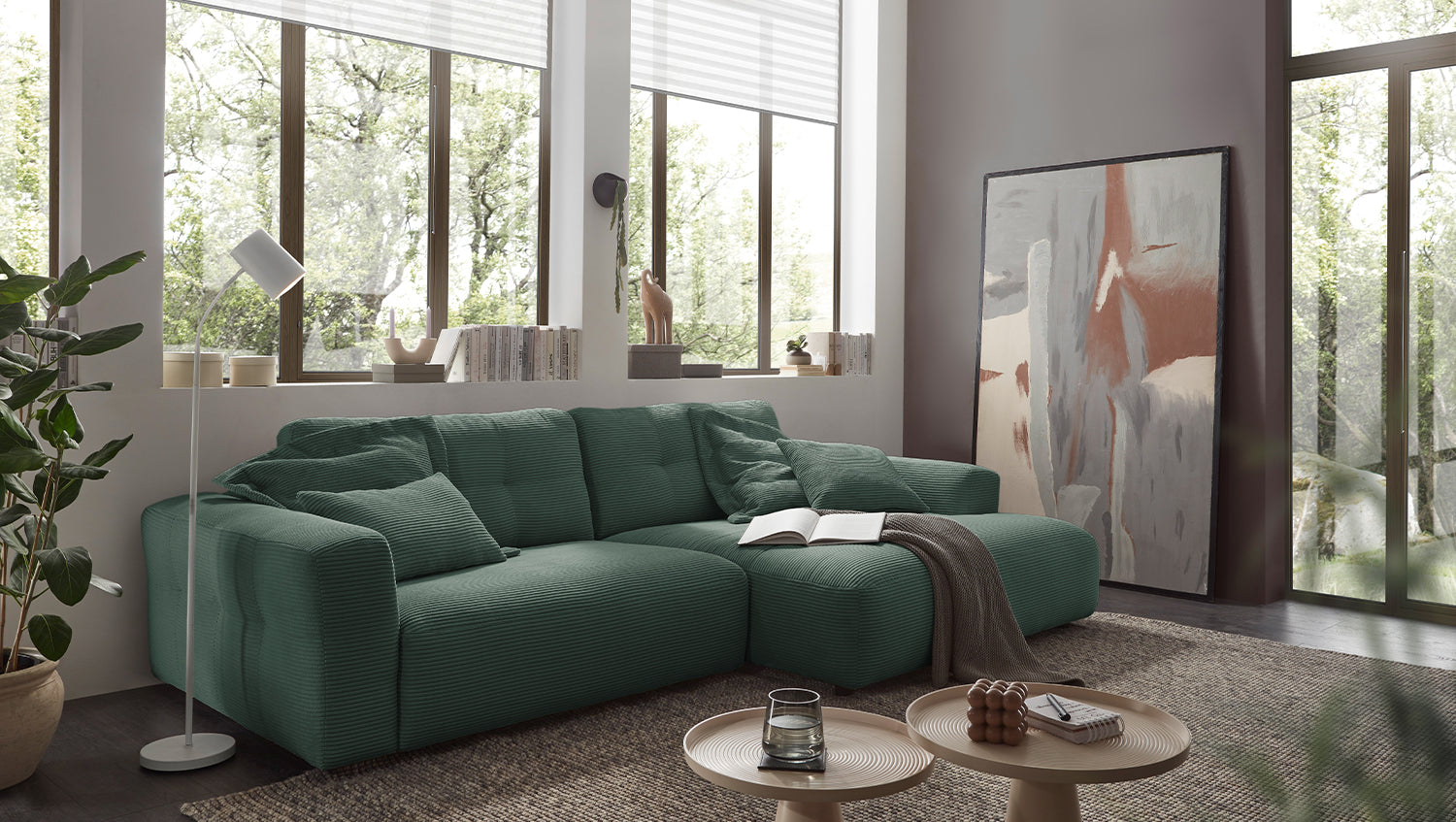 KAWOLA Sofa MIKA Ecksofa Cord smaragd, 276 x 167, Rechts
