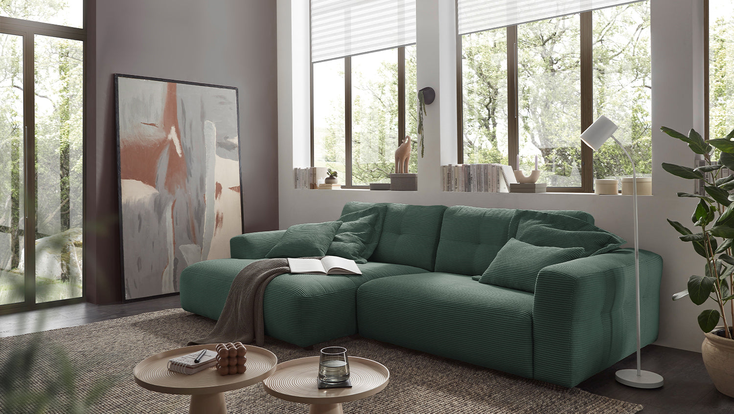 KAWOLA Sofa MIKA Ecksofa Cord smaragd, 296 x 167, Links