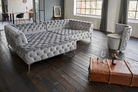 KAWOLA Sofa NARLA Ecksofa Chesterfield Stoff velvet silber Recamiere links