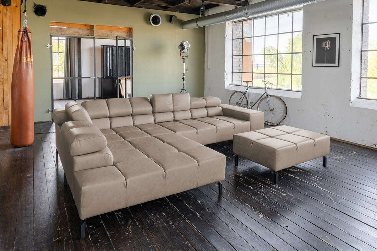 KAWOLA Sofa NELSON Ecksofa Leder grau, Links, Mit Fußhocker, Relaxfunktion