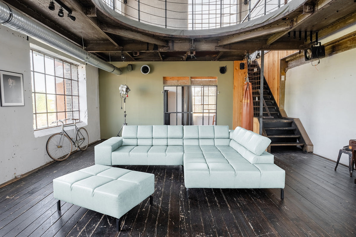 KAWOLA Sofa NELSON Ecksofa Leder hellblau, Rechts, Mit Fußhocker, Relaxfunktion