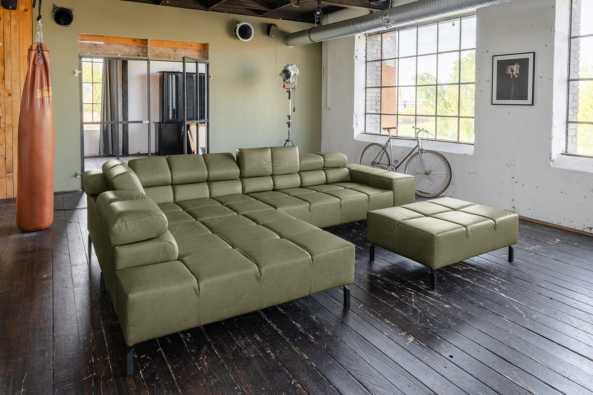 KAWOLA Sofa NELSON Ecksofa Leder olivgrün, Links, Mit Fußhocker, Ohne Komfortfunktion