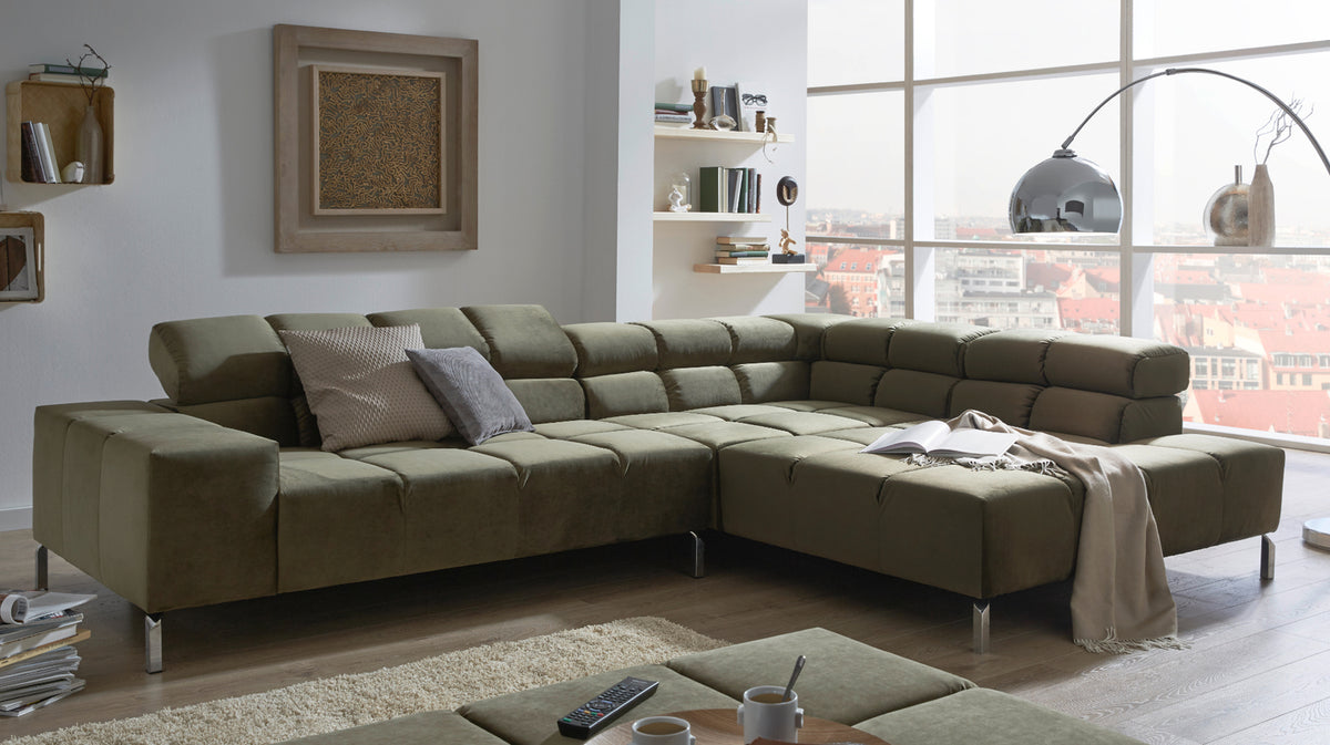 KAWOLA Sofa NELSON Ecksofa Velvet olivgrün, Links, Relaxfunktion
