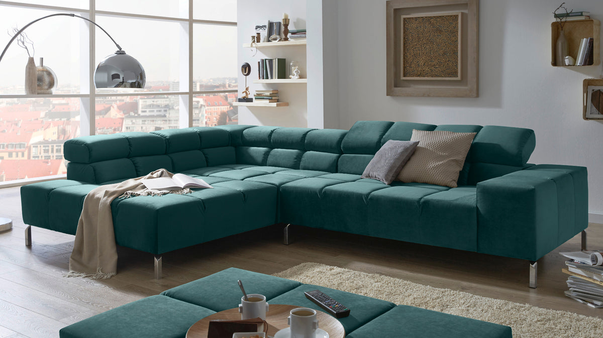 KAWOLA Sofa NELSON Ecksofa Velvet smaragd, Rechts, Ohne Komfortfunktion