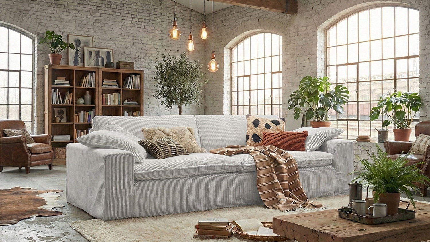 KAWOLA Sofa NETTA 3-Sitzer Bezug abziehbar Cord hellgrau, 4-Sitzer