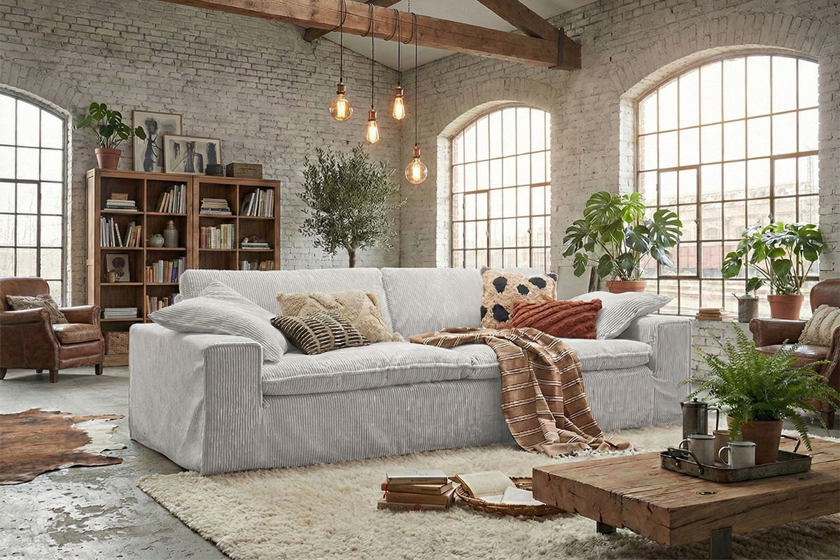 KAWOLA Sofa NETTA 3-Sitzer Bezug abziehbar Cord hellgrau, 4-Sitzer
