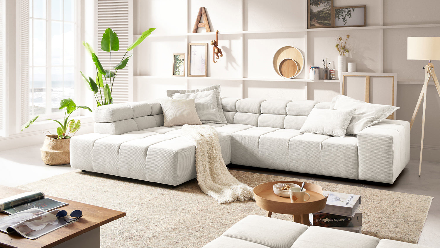 KAWOLA Sofa NEVADA Ecksofa Feincord weiß, Links, Ohne Komfortfunktion