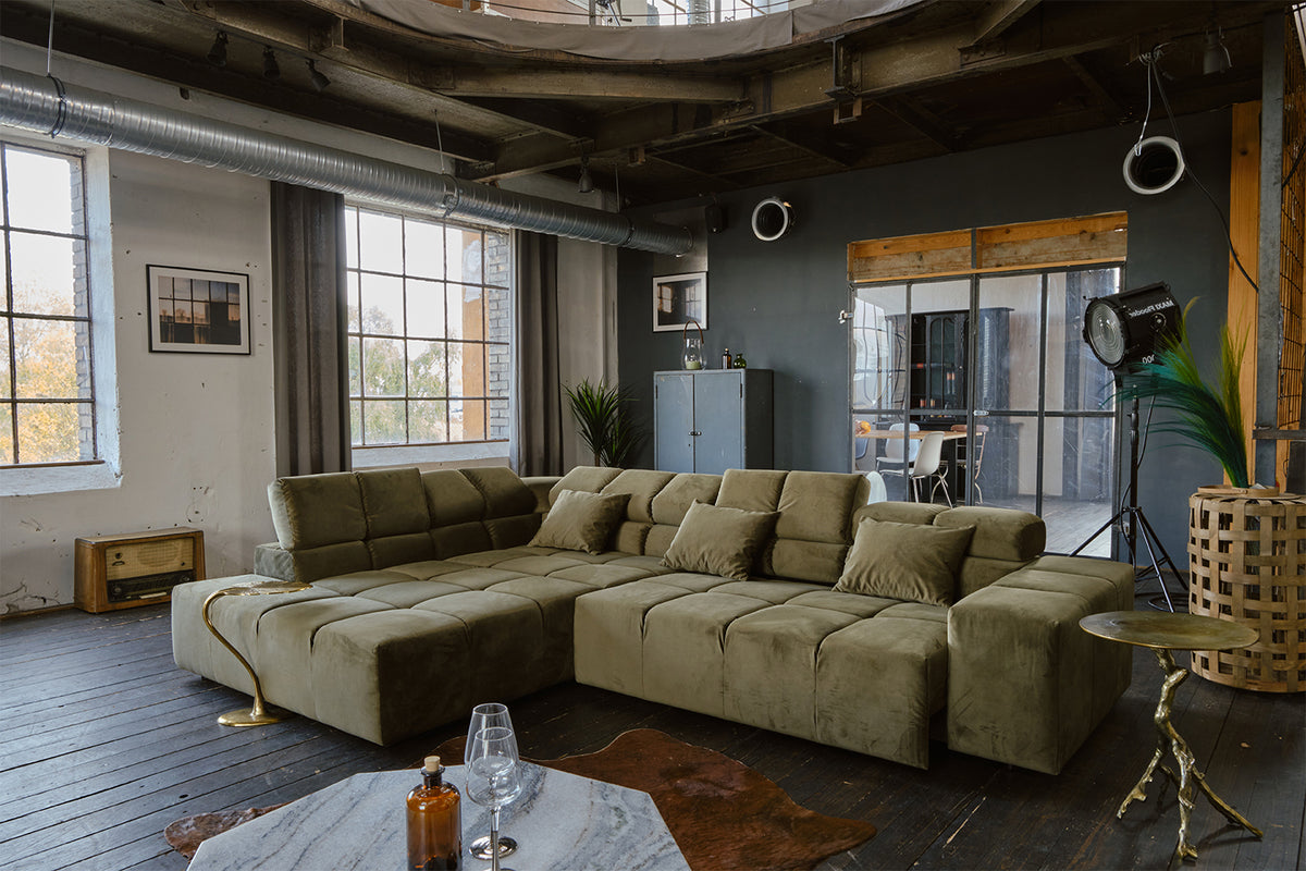 KAWOLA Sofa NEVADA Ecksofa Velvet olivgrün