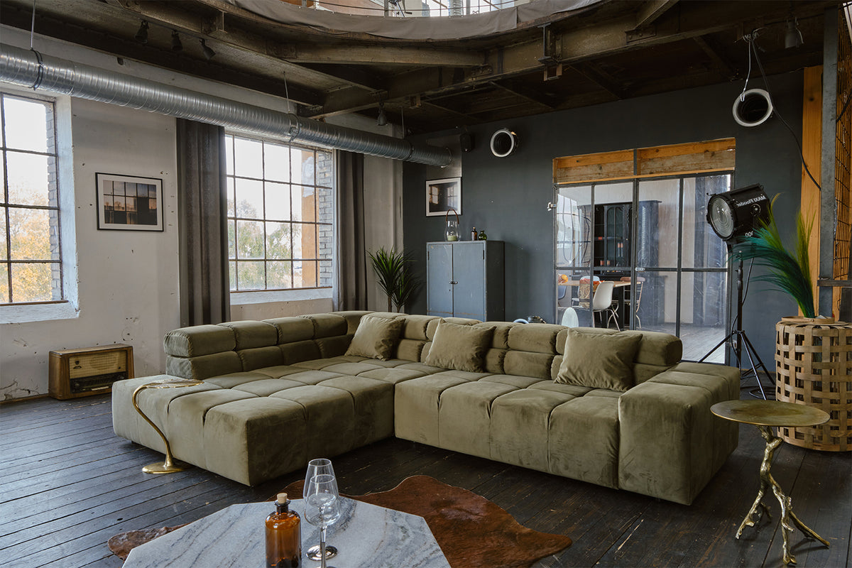 KAWOLA Sofa NEVADA Ecksofa Velvet olivgrün