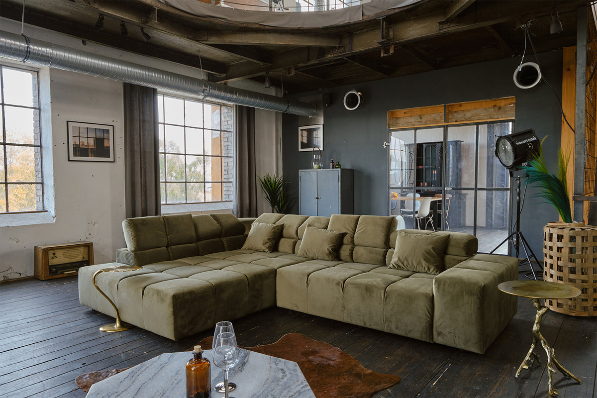 KAWOLA Sofa NEVADA Ecksofa Velvet olivgrün