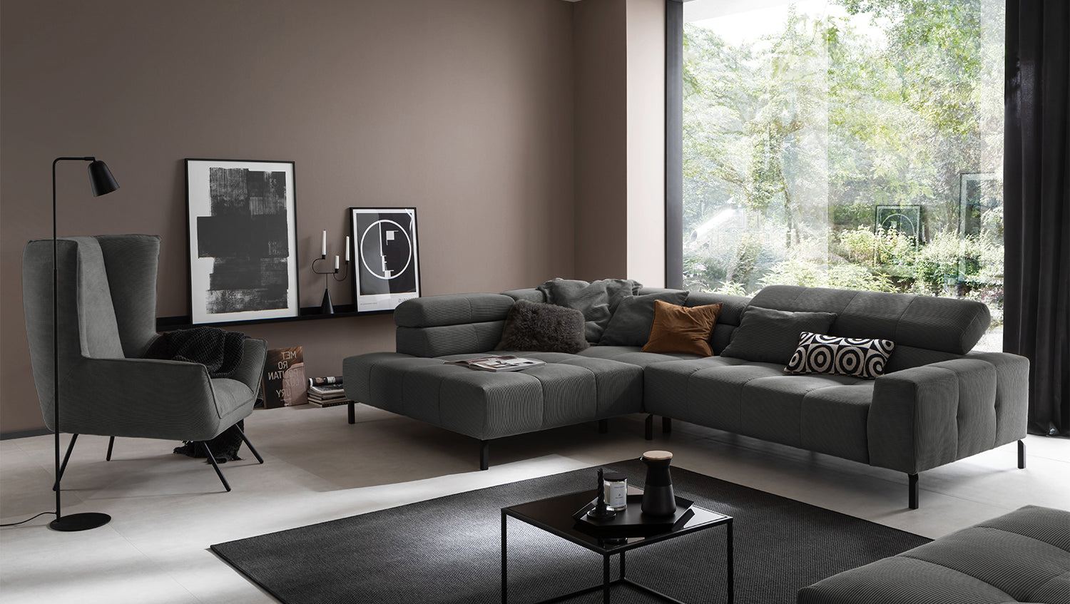 KAWOLA Sofa OHIO Ecksofa Feincord anthrazit, Links, Ohne Komfortfunktion