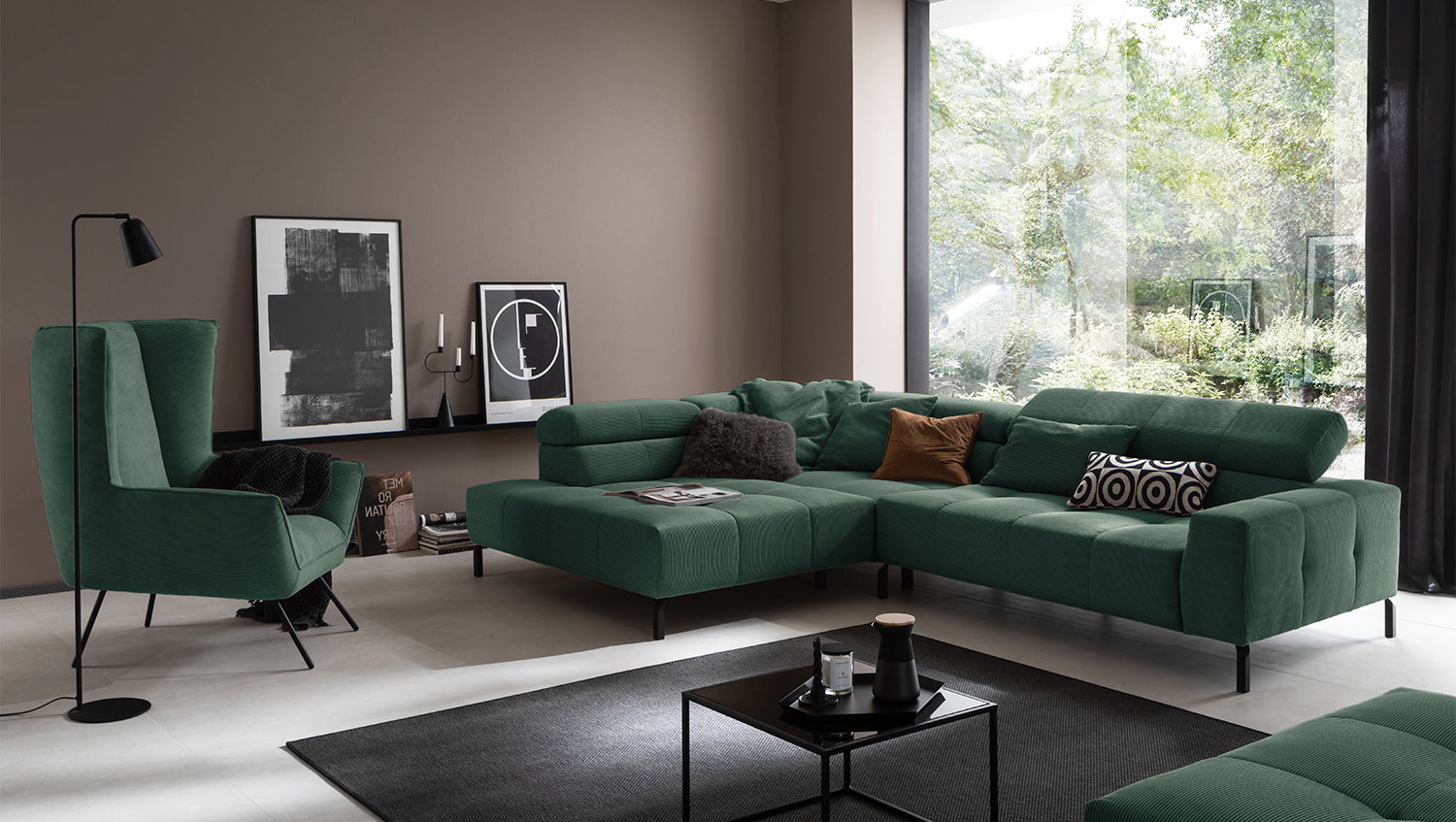 KAWOLA Sofa OHIO Ecksofa Feincord grün, Links, Ohne Komfortfunktion